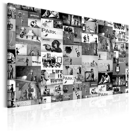 Stretched Canvas Street Art - Banksy Collage Black & White Wide-Tiptophomedecor