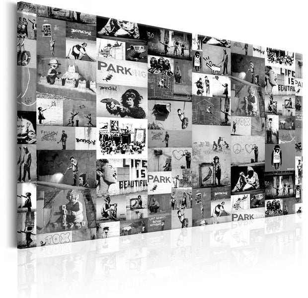 Stretched Canvas Street Art - Banksy Collage Black & White Wide-Tiptophomedecor