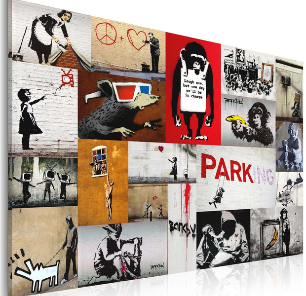 Stretched Canvas Street Art - Banksy Collage Wide-Tiptophomedecor