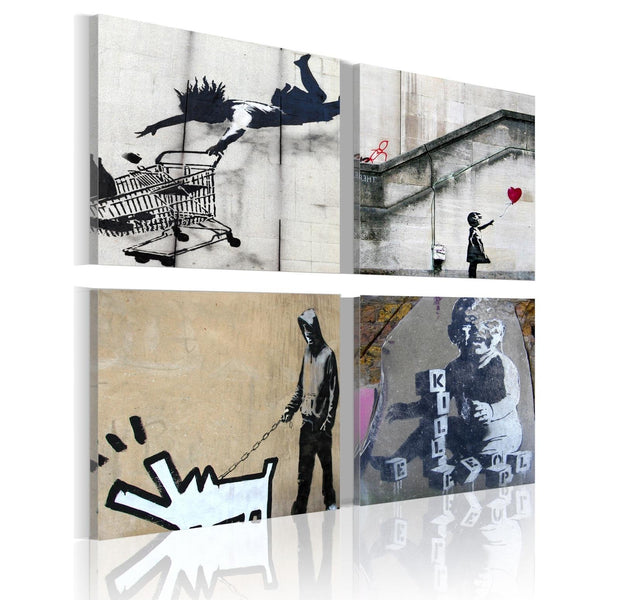 Stretched Canvas Street Art - Banksy Composition Barking Dog 4 Piece-Tiptophomedecor