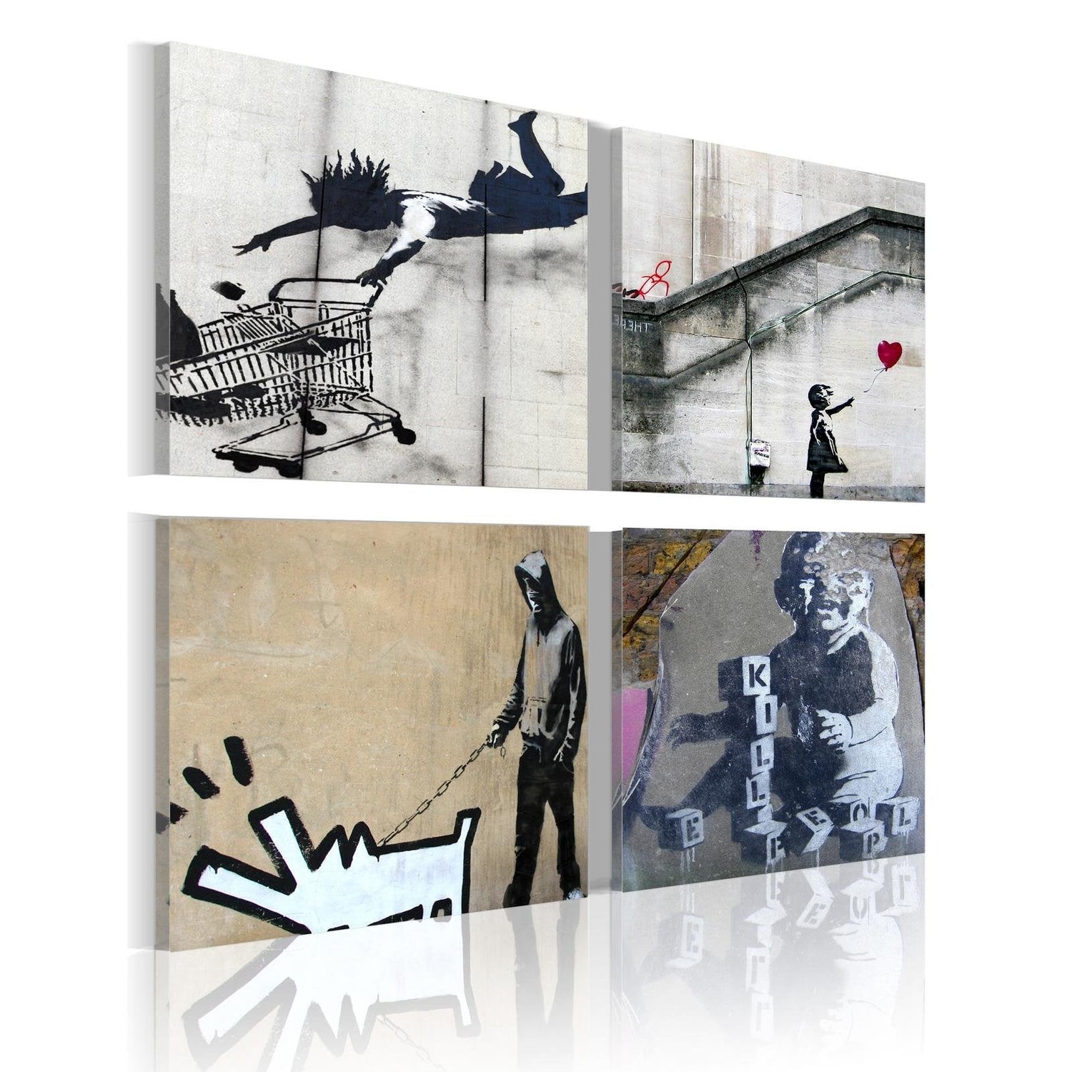 Stretched Canvas Street Art - Banksy Composition Barking Dog 4 Piece-Tiptophomedecor