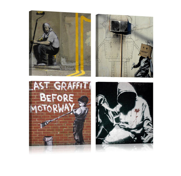 Stretched Canvas Street Art - Banksy Composition Graffiti 4 Piece-Tiptophomedecor