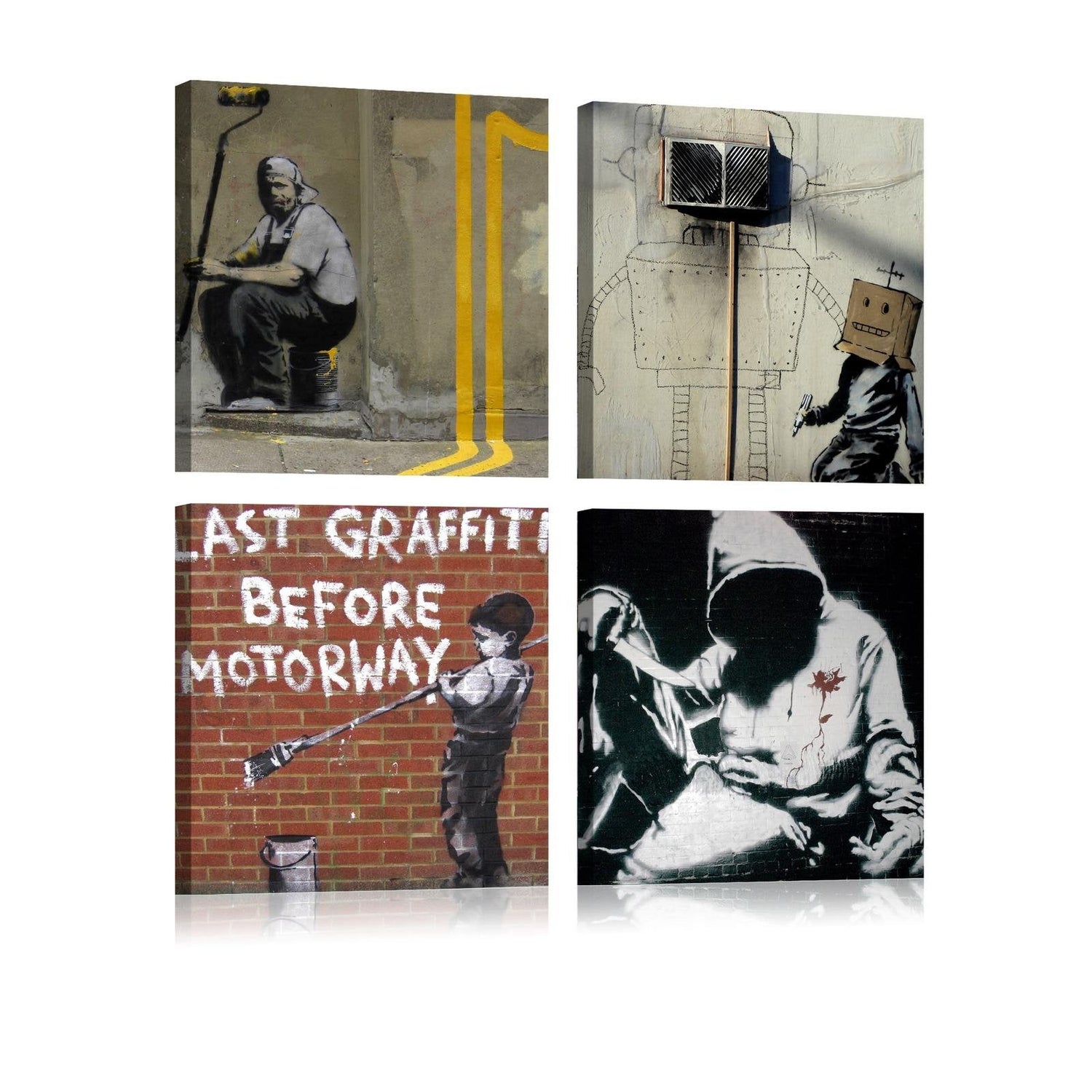 Stretched Canvas Street Art - Banksy Composition Graffiti 4 Piece-Tiptophomedecor