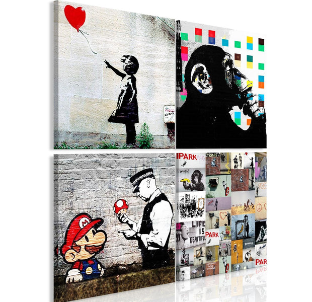 Stretched Canvas Street Art - Banksy Composition Mario 4 Piece-Tiptophomedecor