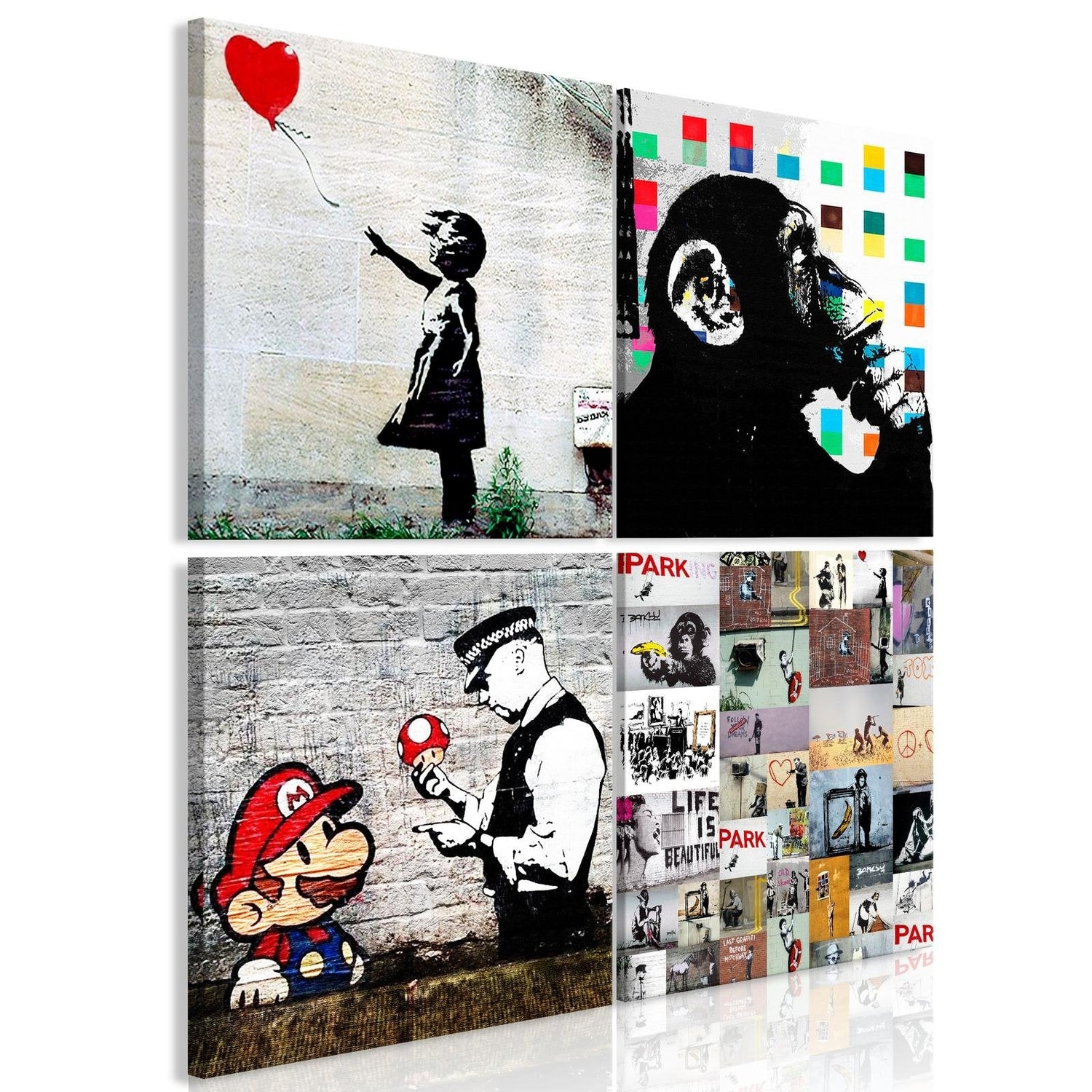Stretched Canvas Street Art - Banksy Composition Mario 4 Piece-Tiptophomedecor
