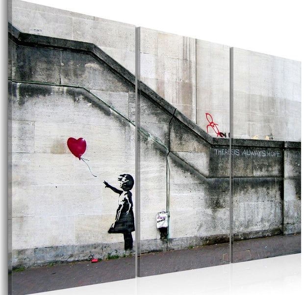 Stretched Canvas Street Art - Banksy: Girl With A Red Balloon 3 Piece-Tiptophomedecor