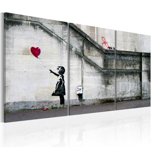 Stretched Canvas Street Art - Banksy: Girl With Red Balloon 3 Piece-Tiptophomedecor