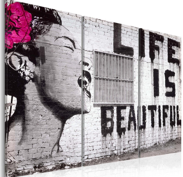 Stretched Canvas Street Art - Banksy: Life Is Beautiful 3 Piece-Tiptophomedecor
