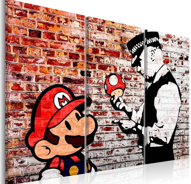 Stretched Canvas Street Art - Banksy: Mario And Cop On Brick 3 Piece-Tiptophomedecor