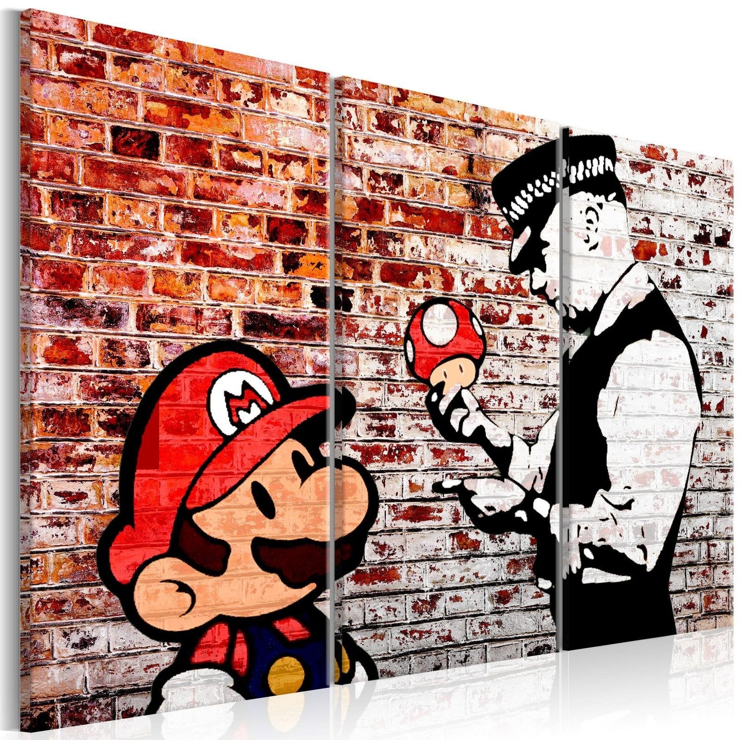 Stretched Canvas Street Art - Banksy: Mario And Cop On Brick 3 Piece-Tiptophomedecor