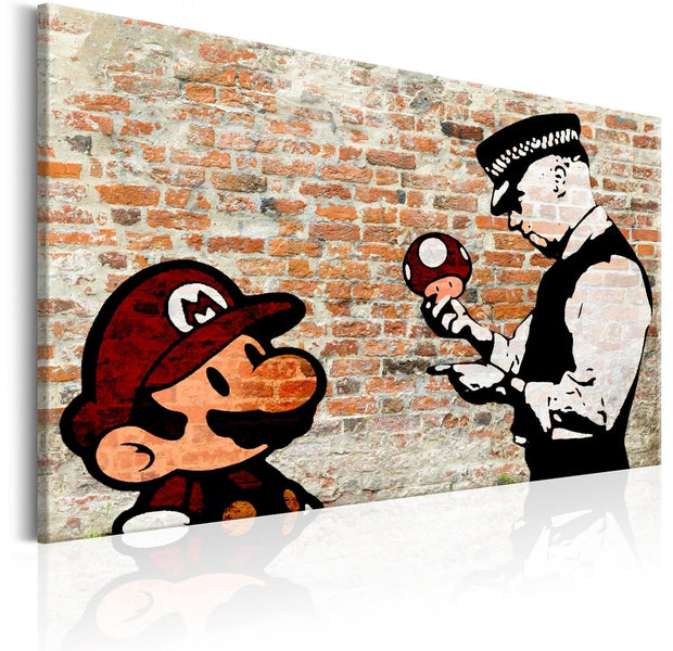 Stretched Canvas Street Art - Banksy: Mario And Police Brick-Tiptophomedecor