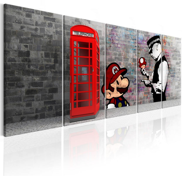 Stretched Canvas Street Art - Banksy: Mario And Police Officer 5 Piece-Tiptophomedecor