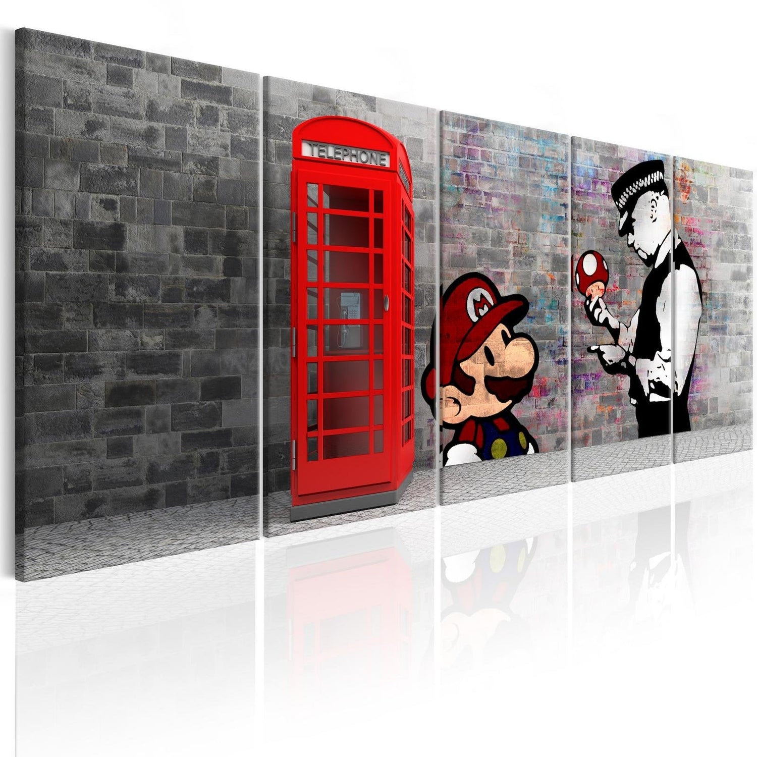 Stretched Canvas Street Art - Banksy: Mario And Police Officer 5 Piece-Tiptophomedecor