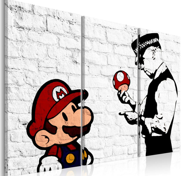 Stretched Canvas Street Art - Banksy: Mario And Police Officer On White Wall 3 Piece-Tiptophomedecor