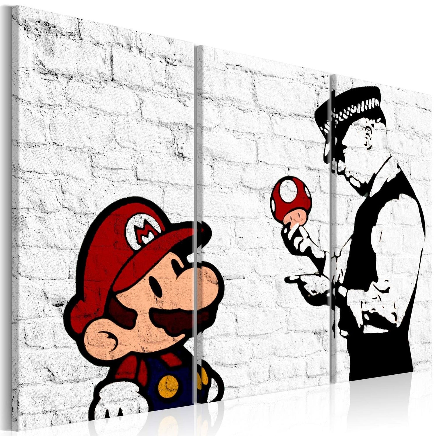 Stretched Canvas Street Art - Banksy: Mario And Police Officer On White Wall 3 Piece-Tiptophomedecor