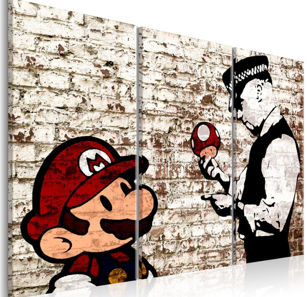Stretched Canvas Street Art - Banksy: Mario Bros On Torn Wall 3 Piece-Tiptophomedecor