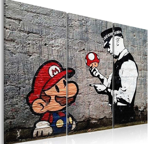 Stretched Canvas Street Art - Banksy: Mario Mushroom Cop 3 Piece-Tiptophomedecor