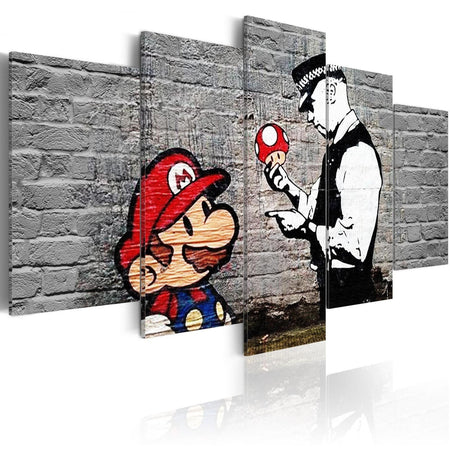 Stretched Canvas Street Art - Banksy: Mario Mushroom Cop 5 Piece-Tiptophomedecor