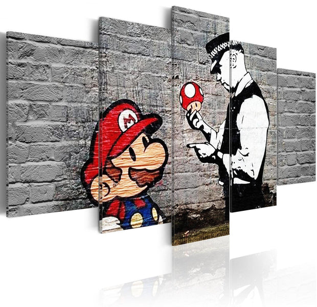 Stretched Canvas Street Art - Banksy: Mario Mushroom Cop 5 Piece-Tiptophomedecor