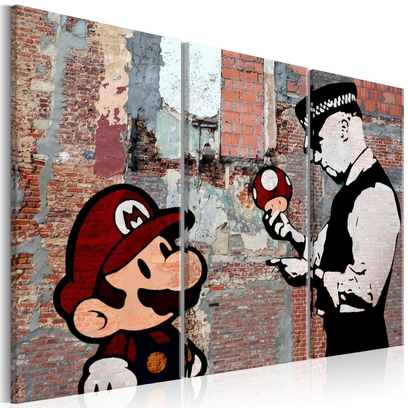 Stretched Canvas Street Art - Banksy: Mario Old Wall 3 Piece-Tiptophomedecor