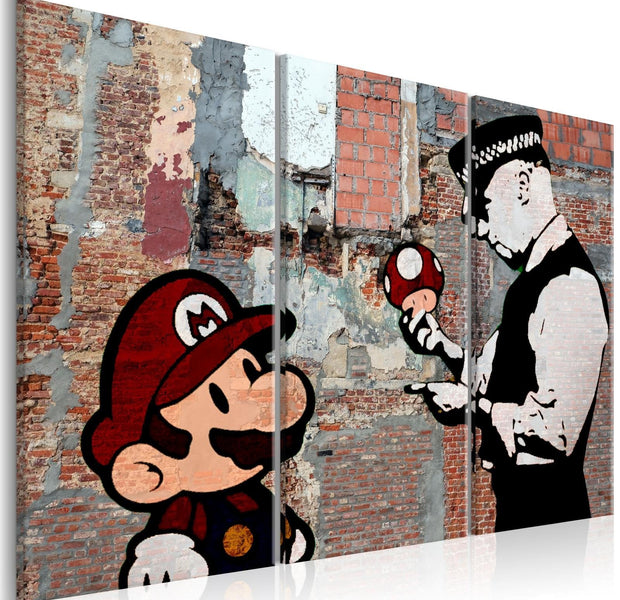 Stretched Canvas Street Art - Banksy: Mario Old Wall 3 Piece-Tiptophomedecor