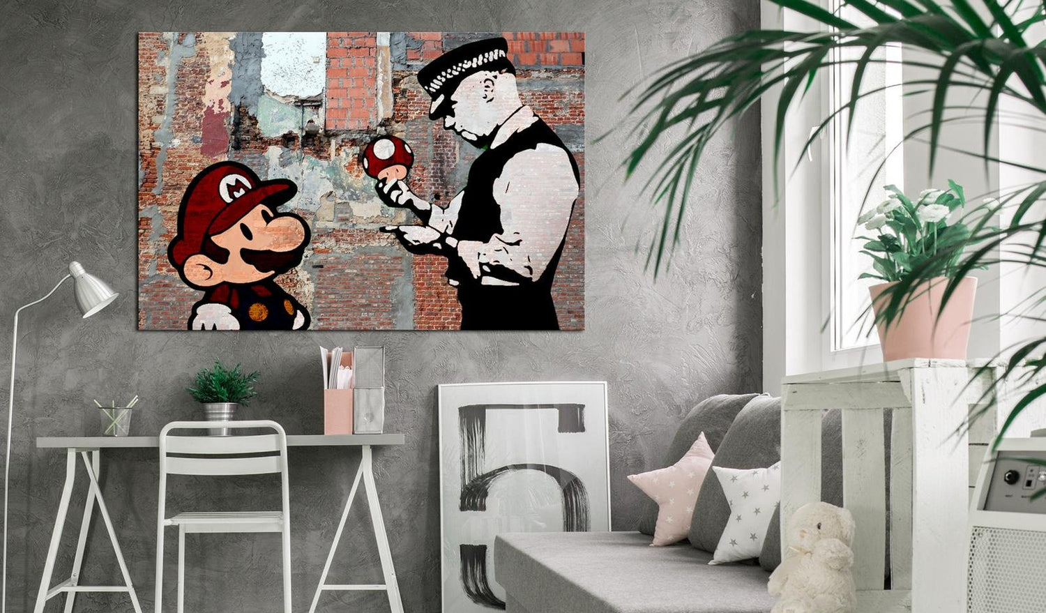 Stretched Canvas Street Art - Banksy: Mario Old Wall-Tiptophomedecor