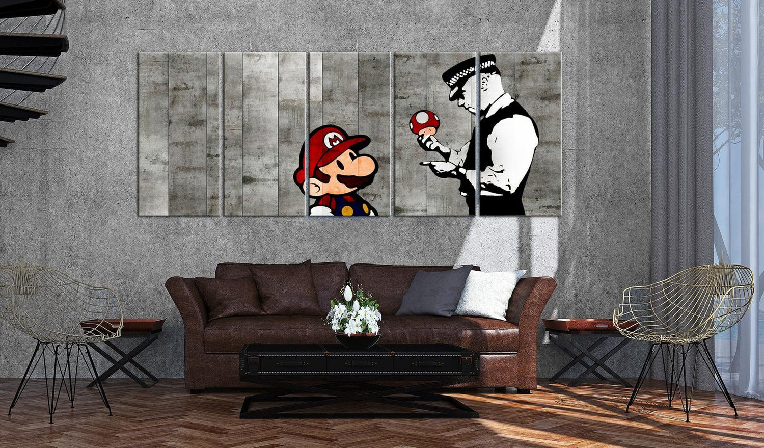 Stretched Canvas Street Art - Banksy: Mario On Concrete Wall 5 Piece-Tiptophomedecor