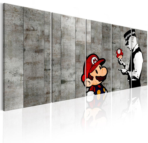 Stretched Canvas Street Art - Banksy: Mario On Concrete Wall 5 Piece-Tiptophomedecor
