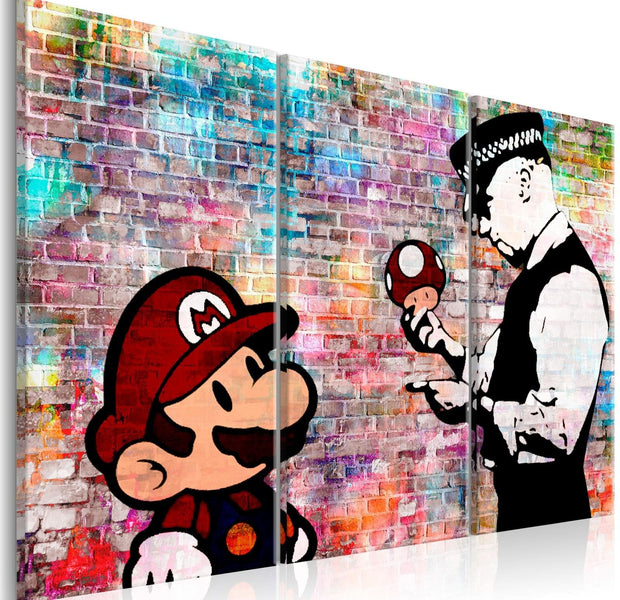 Stretched Canvas Street Art - Banksy: Mario On Rainbow Bricks-Tiptophomedecor