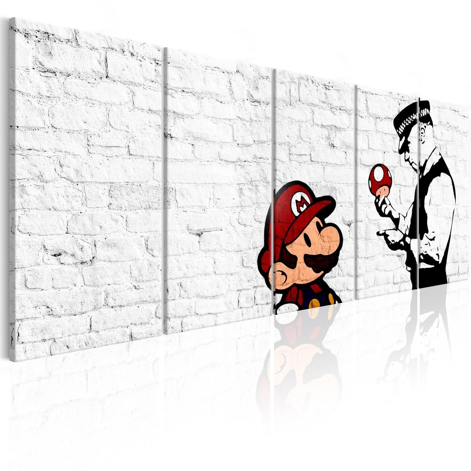 Stretched Canvas Street Art - Banksy: Mario On White Brick 5 Piece-Tiptophomedecor