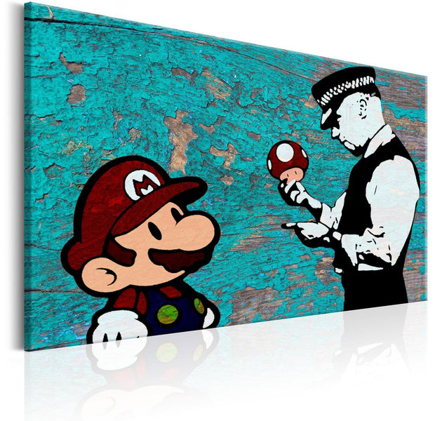 Stretched Canvas Street Art - Banksy: Mario On Wood-Tiptophomedecor