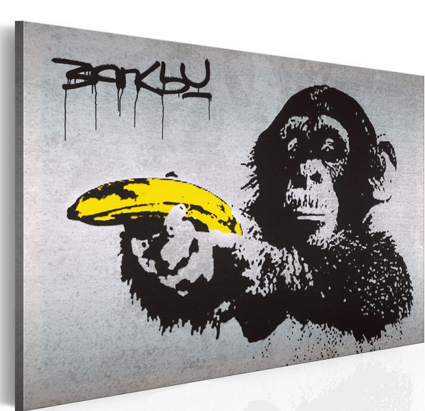 Stretched Canvas Street Art - Banksy: Monkey With Banana Concrete-Tiptophomedecor