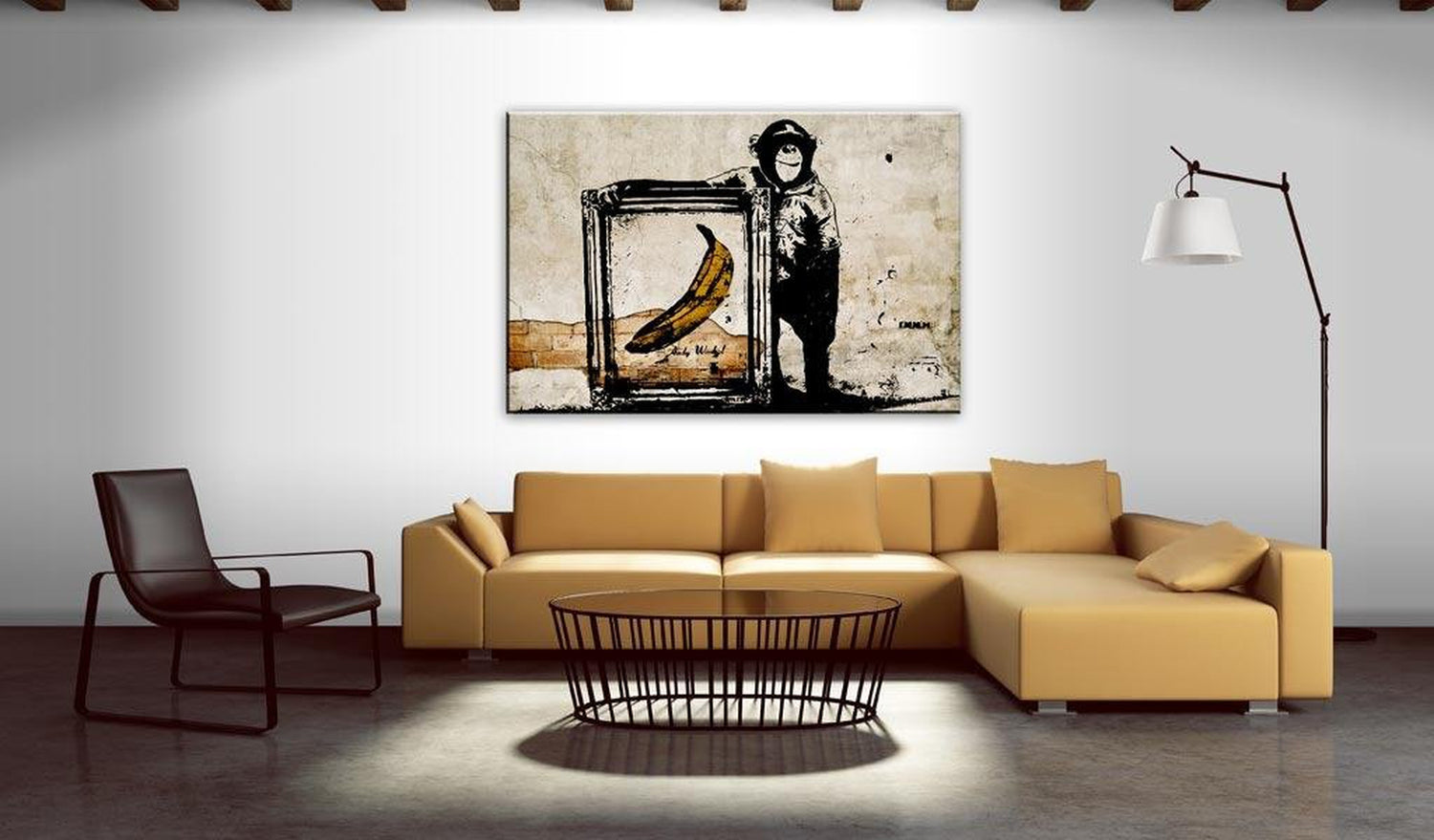 Stretched Canvas Street Art - Banksy: Monkey With Banana In Frame Sepia-Tiptophomedecor
