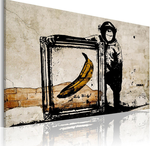 Stretched Canvas Street Art - Banksy: Monkey With Banana In Frame Sepia-Tiptophomedecor