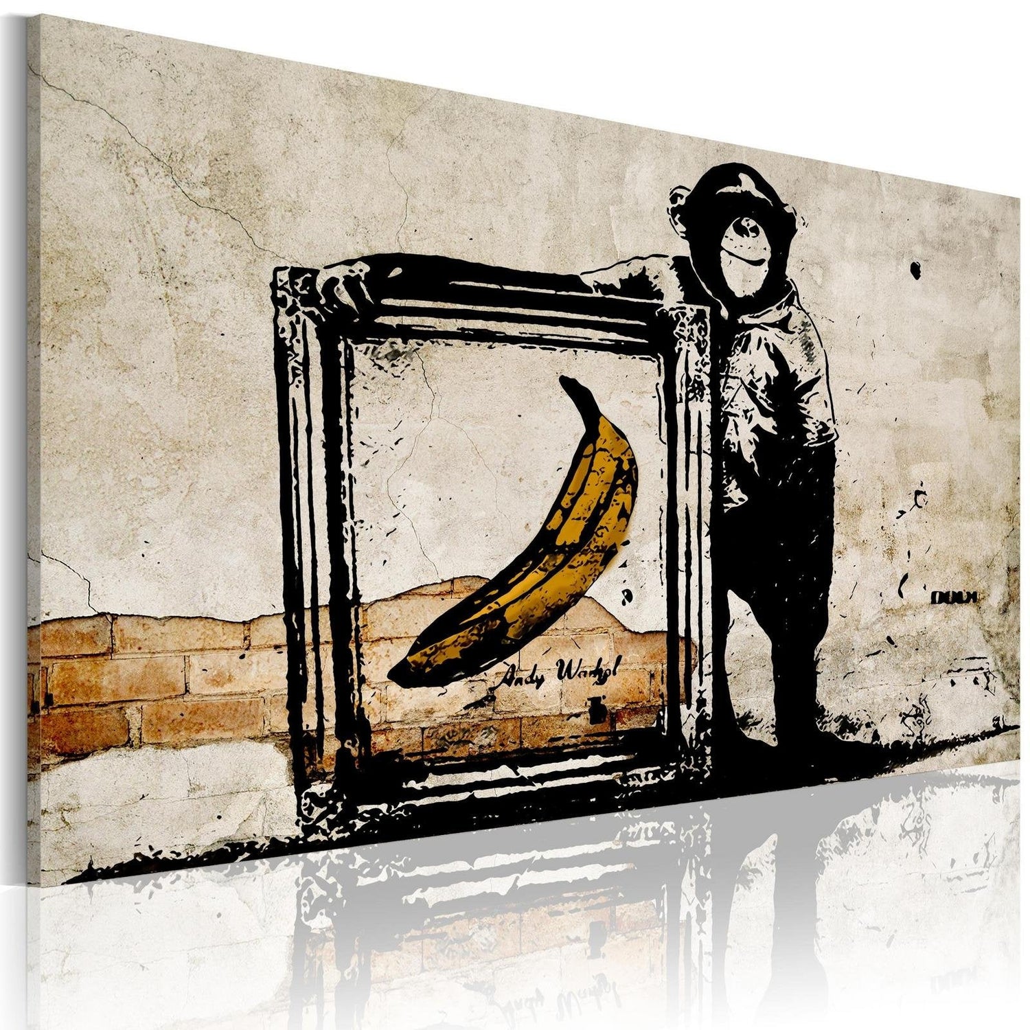 Stretched Canvas Street Art - Banksy: Monkey With Banana In Frame Sepia-Tiptophomedecor