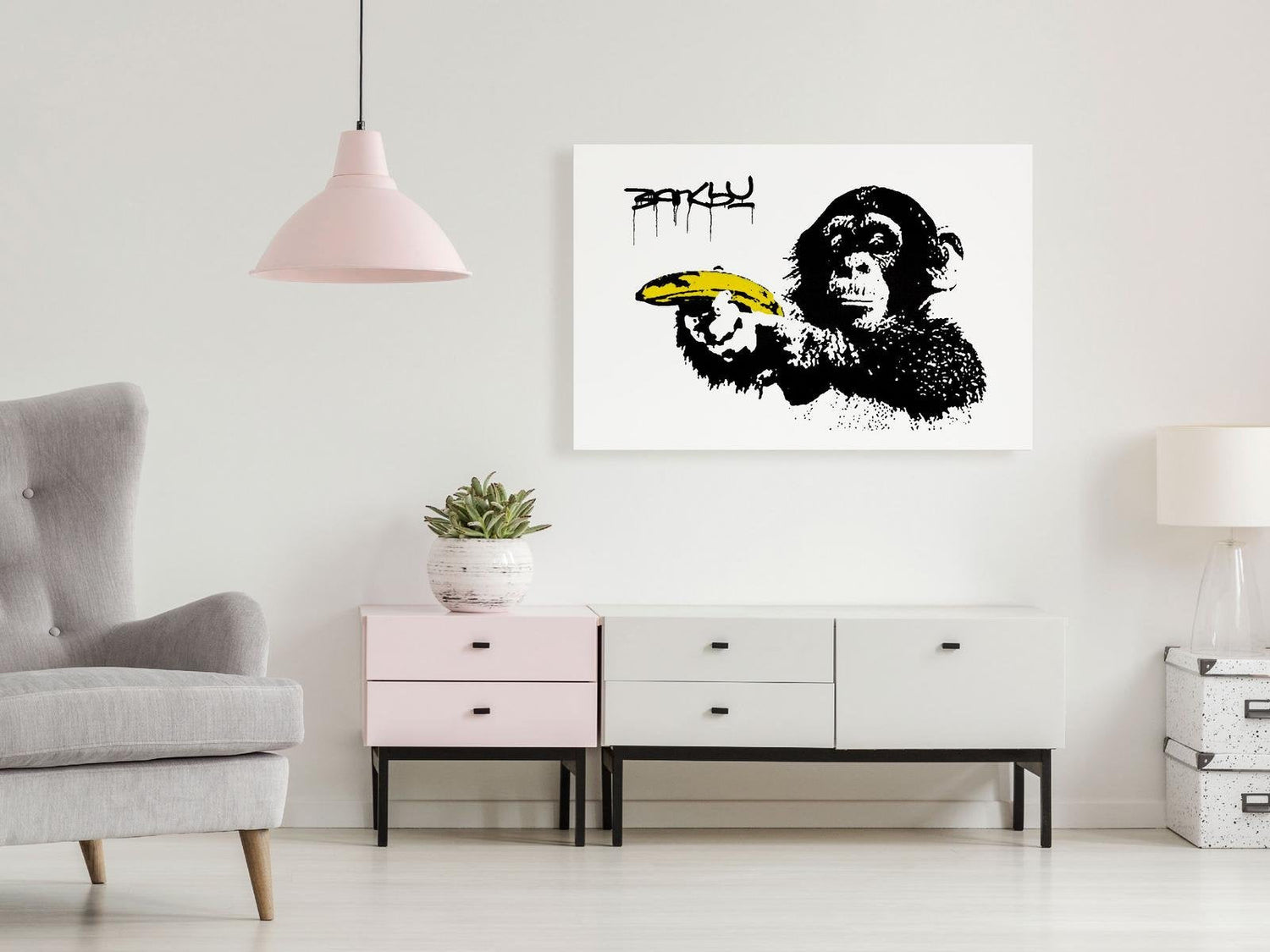 Stretched Canvas Street Art - Banksy: Monkey With Banana Wide-Tiptophomedecor