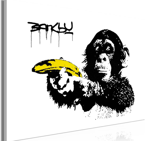 Stretched Canvas Street Art - Banksy: Monkey With Banana Wide-Tiptophomedecor