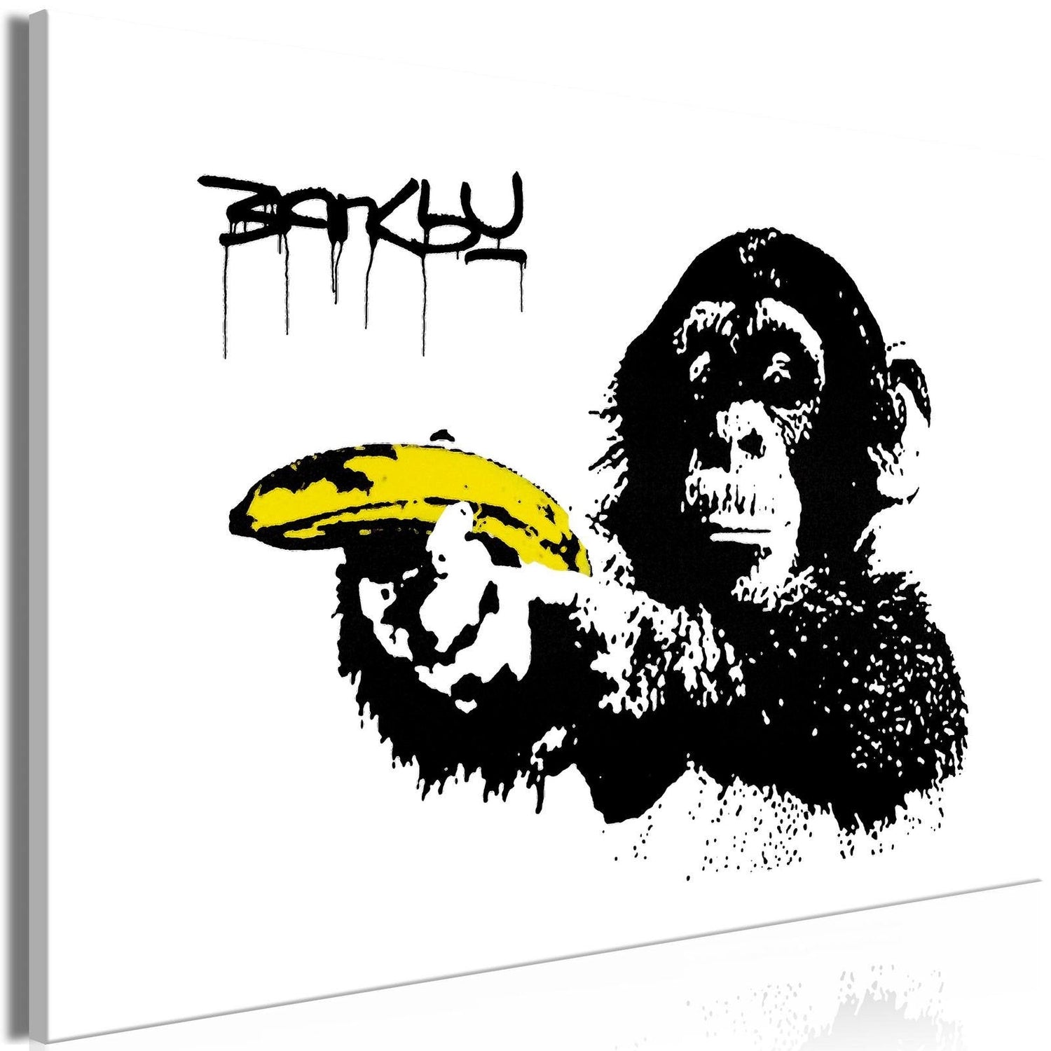 Stretched Canvas Street Art - Banksy: Monkey With Banana Wide-Tiptophomedecor