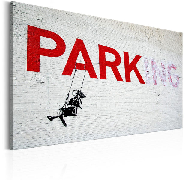 Stretched Canvas Street Art - Banksy: Parking Girl On Swing-Tiptophomedecor