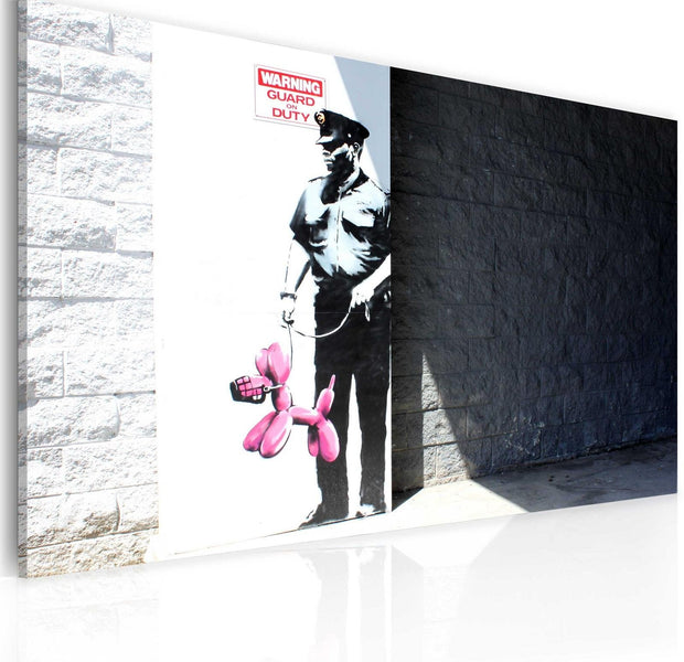 Stretched Canvas Street Art - Banksy: Police Guard And Pink Balloon Dog-Tiptophomedecor