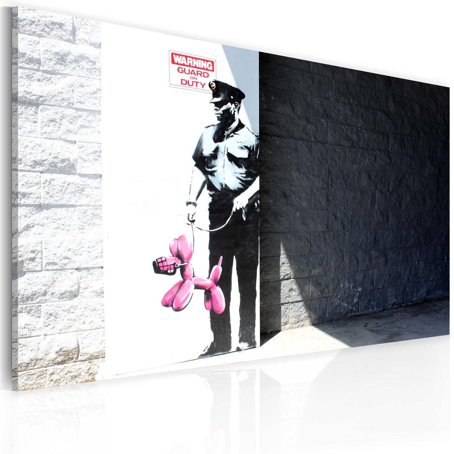 Stretched Canvas Street Art - Banksy: Police Guard And Pink Balloon Dog-Tiptophomedecor