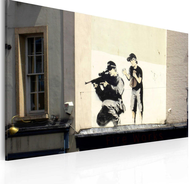 Stretched Canvas Street Art - Banksy: Sniper And Boy-Tiptophomedecor