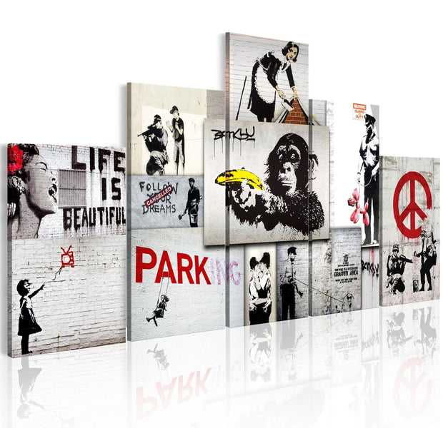 Stretched Canvas Street Art - Banksy: Street Crimes Collage-Tiptophomedecor