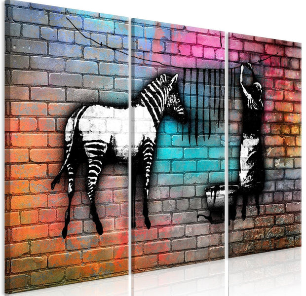 Stretched Canvas Street Art - Banksy: Washing Zebra Colourful Brick 3 Piece-Tiptophomedecor