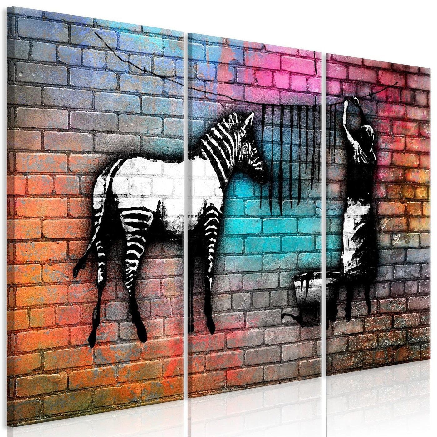Stretched Canvas Street Art - Banksy: Washing Zebra Colourful Brick 3 Piece-Tiptophomedecor