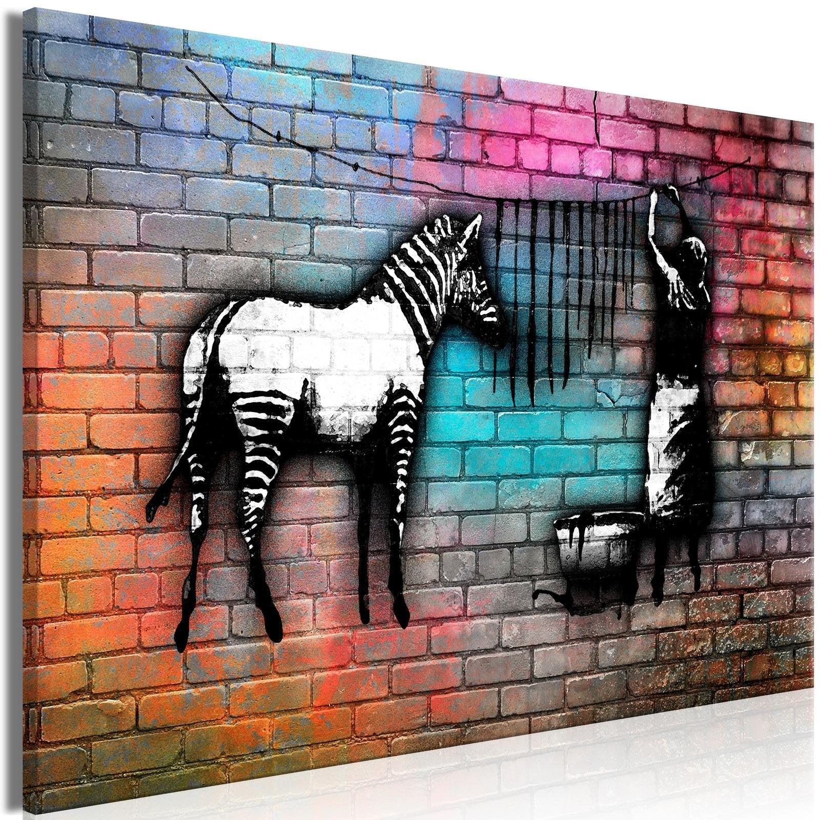 Stretched Canvas Street Art - Banksy: Washing Zebra Colourful Brick-Tiptophomedecor