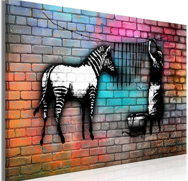 Stretched Canvas Street Art - Banksy: Washing Zebra Colourful Brick-Tiptophomedecor