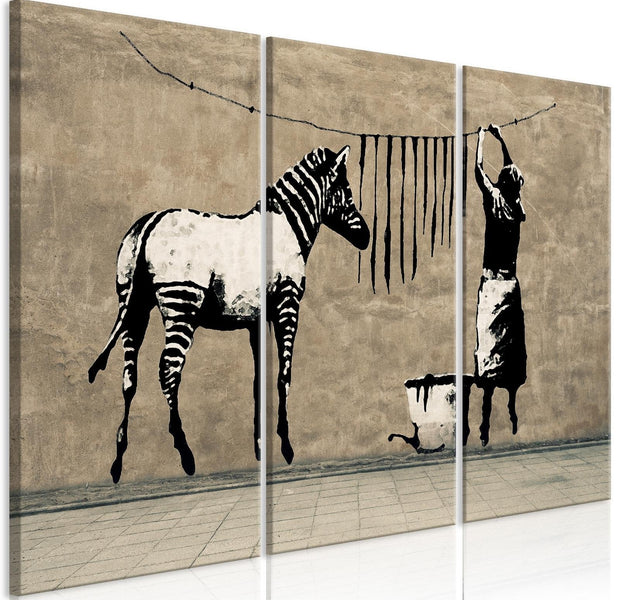 Stretched Canvas Street Art - Banksy: Washing Zebra On Concrete 3 Piece-Tiptophomedecor