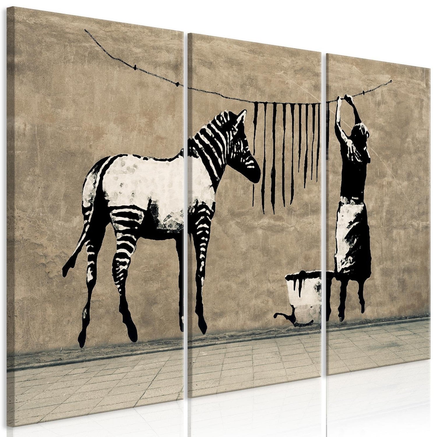Stretched Canvas Street Art - Banksy: Washing Zebra On Concrete 3 Piece-Tiptophomedecor