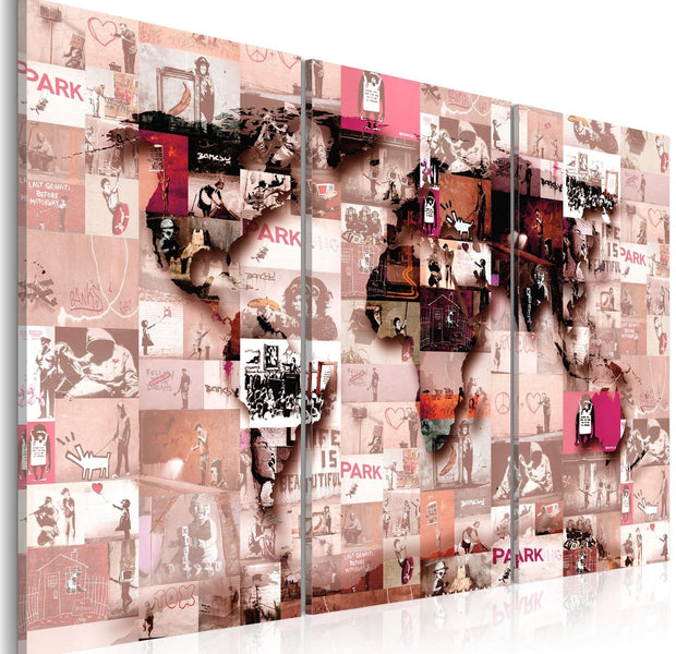 Stretched Canvas World Map Art - Banksy Graffiti Collage-Tiptophomedecor